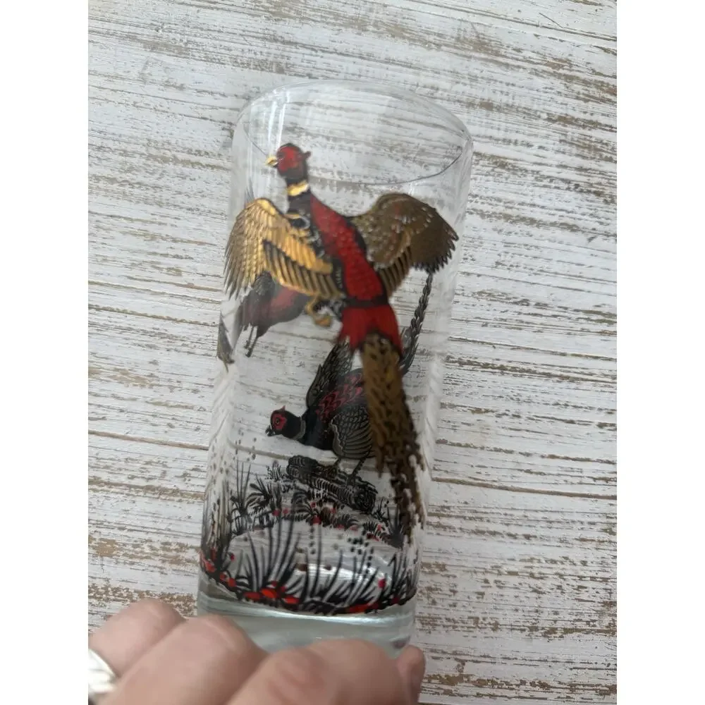 Vintage MCM Red Gold Ringneck Pheasant Tall Barware‎ Glass